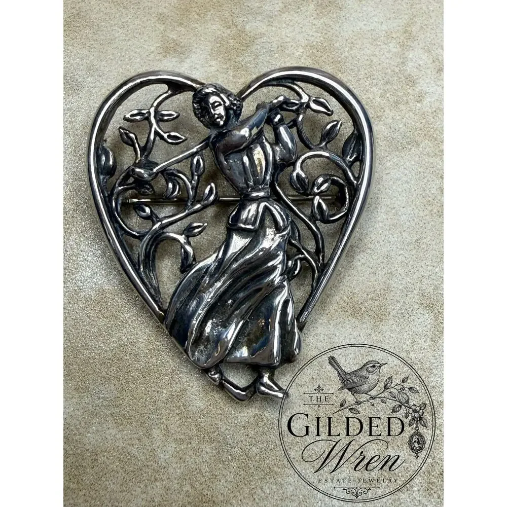 Vintage H&H Sterling Silver Lady Golfer Heart Brooch Pin Art Nouveau Golf Gift
